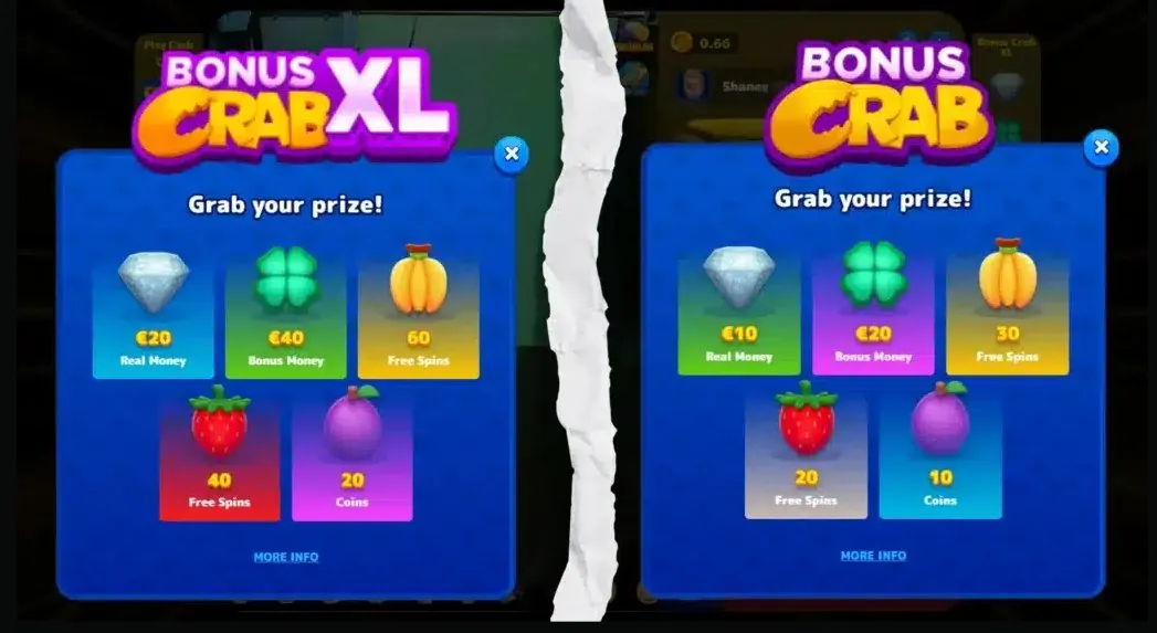 Bonus Crab XL versus standard Bonus Crab prizes