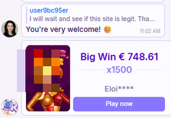 Robocat Casino Community Chat showing players talking and a shared big-win post with a Play now button