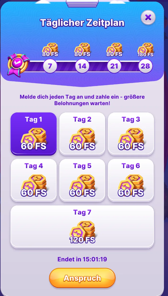 RoboSlot daily login schedule at Robocat Casino showing free-spin rewards for each day and milestone days
