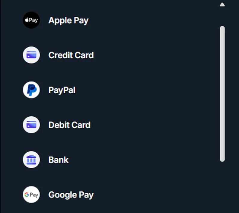 Payment methods available in the Jupiter on-ramp including Apple Pay, PayPal and Google Pay